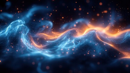 Fototapeta premium Abstract digital waves of blue and orange light with sparkling particles.