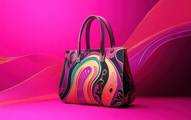 A modern handbag with vibrant detailing and dynamic motion on a rich magenta studio backdrop