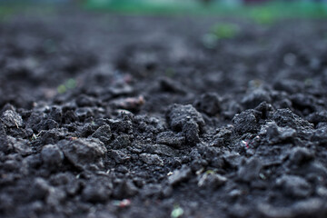 Close-up view of dark fertile soil with small clumps texture suitable for gardening farming...
