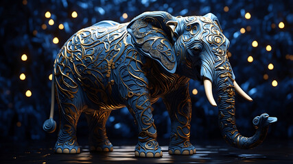 Fototapeta premium Elephant with a black background, its trunk adorned with a blue pattern and white dots resembling a starry sky, evoking a futuristic, surreal feel