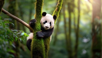 Fototapeta premium Playful panda climbing a mossy tree in a lush forest environment