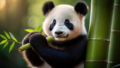 Obraz premium Close-up of a panda holding bamboo and gazing with a curious expression