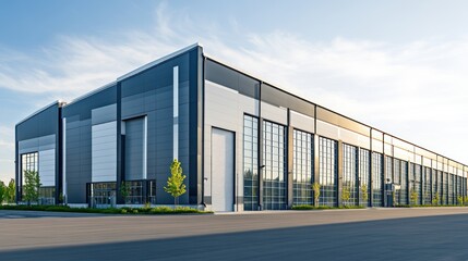 Obraz premium Modern industrial building with large windows and a sleek design in a clear sky.
