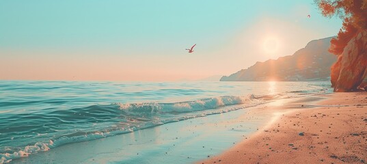 Dramatic rocky coastline with waves crashing on cliffs and seagulls soaring above