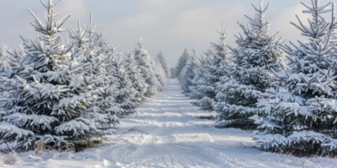 Obraz premium An endless row of snow-covered Christmas trees stretches as far as the eye can see in both directions, with the white powder on their branches and trunks creating a winter wonderland.