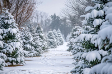 Rows of snow-covered Christmas trees in an orchard are photographed from the perspective of someone standing between them, with the trees of different shapes