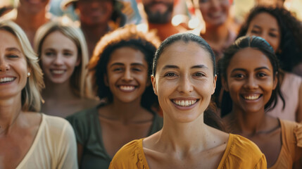 Obraz premium A large group of smiling people from various age groups and ethnicities are all looking at the camera with warm smiles on their faces, standing in an open space.
