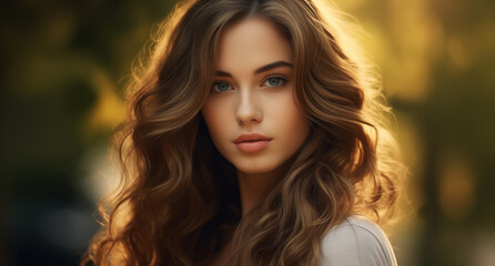 Naklejka premium Beauty portrait of pretty young woman with curly hair, beautiful lovely model outdoors on summer day