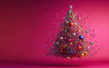 A flying whimsical Christmas tree with colorful ornaments and dynamic tinsel strands in motion on a rich magenta studio backdrop