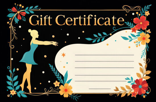 Elegant gift certificate design featuring a ballerina, floral accents, and decorative elements on a black background - Powered by Adobe