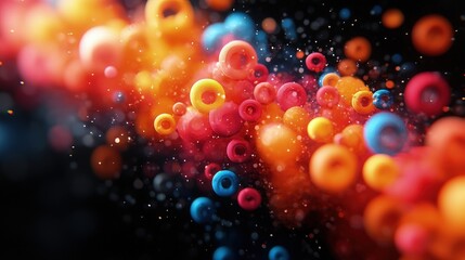 Abstract colorful spheres swirling in dark space.