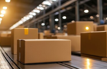 Cardboard box on conveyor belt in a warehouse setting with soft lighting, blurred background, packaging and shipping logistics for commercial use in business presentations, online stores