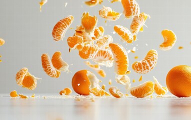 Fototapeta premium Freshly peeled mandarins with their segments flying apart on a white background