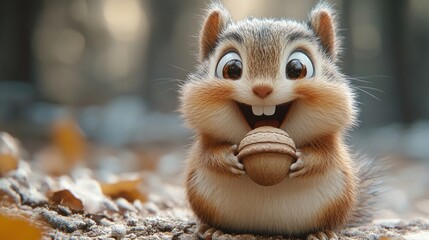Fototapeta premium Adorable cartoon chipmunk happily holding an acorn in a forest setting.