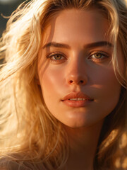 Naklejka premium Close-up of a blonde woman's face illuminated by soft golden hour light, her eyes looking intensely forward, radiating natural beauty and elegance. Generative AI