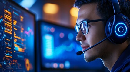 Remote Customer Service Representative in Headset Providing Virtual Support on Dual Monitors Background