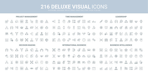 Project management and business communication, international corporate company, leadership line icon set. Decision making, analytics, solution algorithms thin black outline symbols vector illustration