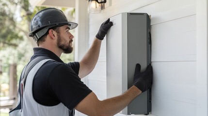 Technician installing a home energy storage system on a white siding wall.