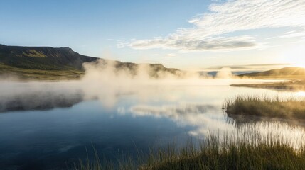Fototapeta premium A tranquil landscape of a geothermal lake, with steam rising in the early morning light. The serene scene showcases the natural beauty of geothermal resources, highlighting their ecological