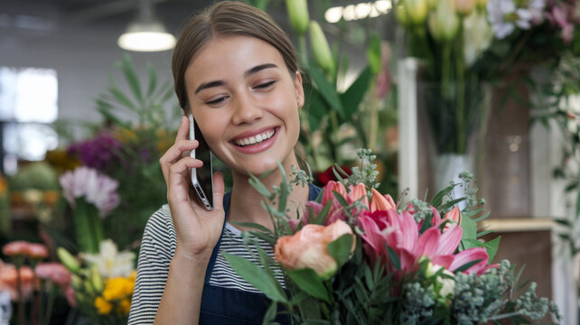 Smiling Florist Talking on Phone With Bouquet