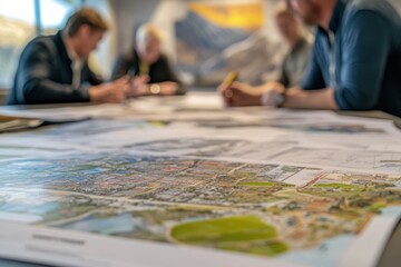 Fototapeta premium A close-up of geothermal energy project plans laid out on a table, with engineers discussing designs. The image showcases the planning and development stages of geothermal projects, emphasizing