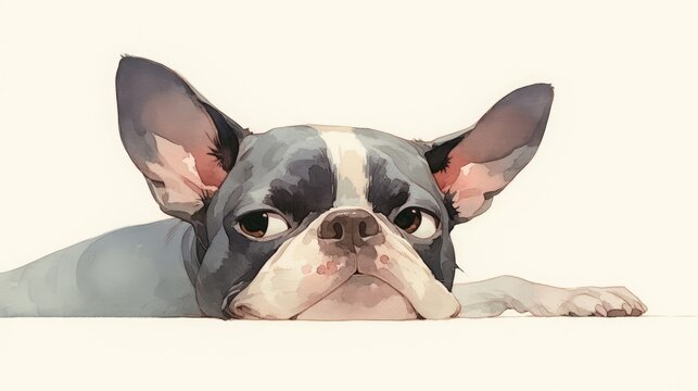 A cute Boston Terrier puppy rests its head on a white surface, looking directly at the viewer with a slightly grumpy expression.