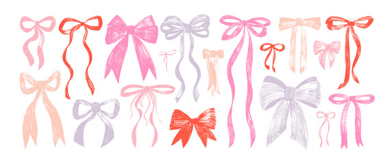 Crayon drawn ribbons and bows vector illustration collection. Coquette style bows drawing, aesthetic elegant girly ribbons. Elegant vintage cliparts in pastel pink color. Hand drawn art girly decor.