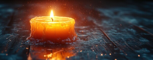 A Melted Candle's Warm Glow on a Dark Wooden Surface