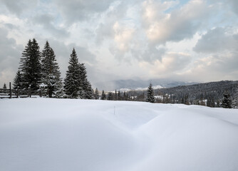 Winter remote alpine mountain village outskirts, countryside hills, groves and farmlands