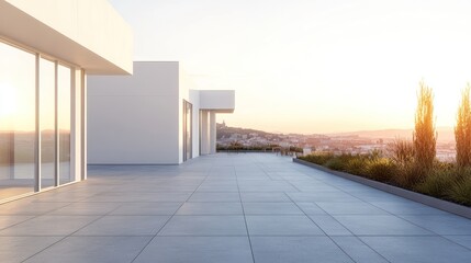 Obraz premium Modern Minimalist Terrace with Panoramic City View at Sunset