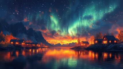 A serene landscape featuring a vibrant aurora over a tranquil lake with cozy cabins.
