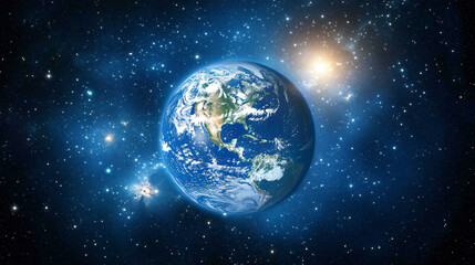 Fototapeta premium A view of Earth from space, illuminated by the sun with stars sparkling in the distance.