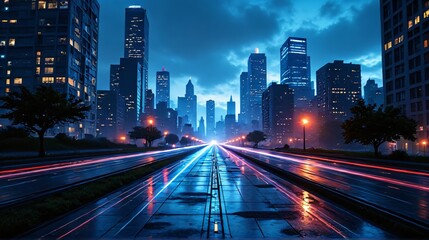 Fototapeta premium Urban cityscape at night with glowing lights and dramatic skyline