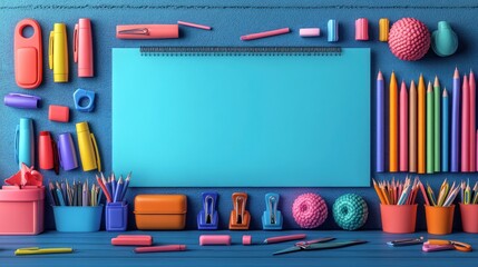 Colorful stationery and art supplies arranged on a blue background.