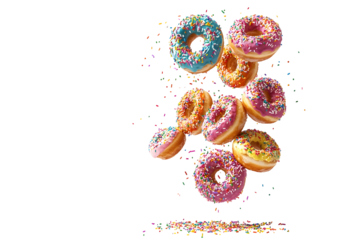 Colorful assortment of decorated donuts in motion, falling with sprinkles, panorama