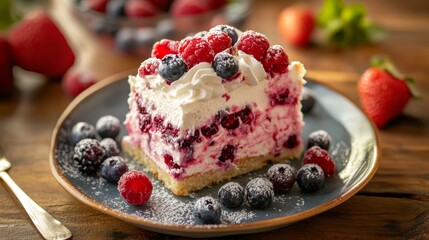 Berry cake with whipped cream composition background 