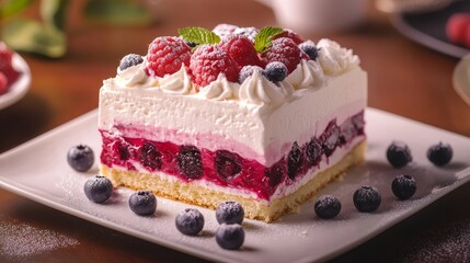 Berry cake with whipped cream composition background 