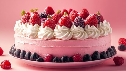 Berry cake with whipped cream composition background 