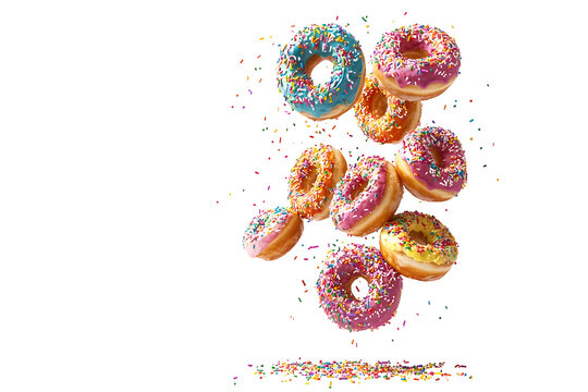 Colorful assortment of decorated donuts in motion, falling with sprinkles, panorama