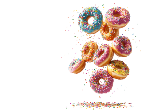 Colorful assortment of decorated donuts in motion, falling with sprinkles, panorama