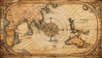 Naklejka premium Vintage map illustration featuring detailed world geography and faded textures representing an era of exploration