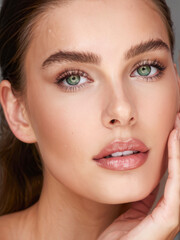 Obraz premium Close-up of a young woman’s face with glowing, flawless skin, showcasing her striking green eyes, natural makeup, and soft beauty in gentle lighting. Generative AI
