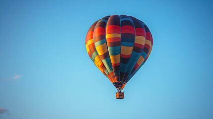 Fototapeta premium A colorful hot air balloon soaring in a clear blue sky.