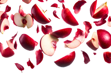 Dynamic falling red apple slices, fresh and vibrant