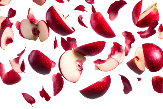 Dynamic falling red apple slices, fresh and vibrant