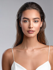 Naklejka premium A studio portrait of a young woman with a calm and confident expression, softly lit to highlight her natural beauty and poised demeanor. Generative AI