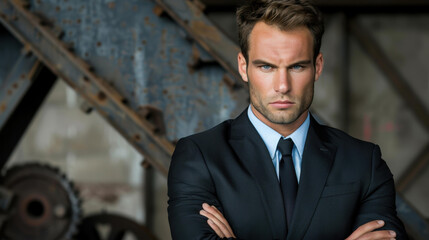 A confident businessman stands with arms crossed, embodying strength and authority in the bustling metal industry.