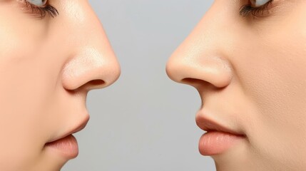 Obraz premium This image showcases the stunning transformation of a young woman after rhinoplasty, highlighting facial symmetry and beauty.