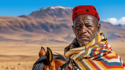 An elderly Basotho man proudly rides a horse, showcasing the rich cultural heritage of Lesotho in Africa.
