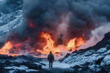 Fototapeta premium Volcanologist walking near erupting volcano in iceland